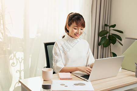 在家用电脑工作的亚洲年轻女性 她很勤奋互联网自由职业者桌子女士人士宠物办公室地面金融技术背景