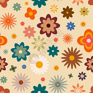 以60年代风格的花朵重天衣无缝模式尺寸背景球座打印正方形格式创造力花瓣艺术品植物群图片