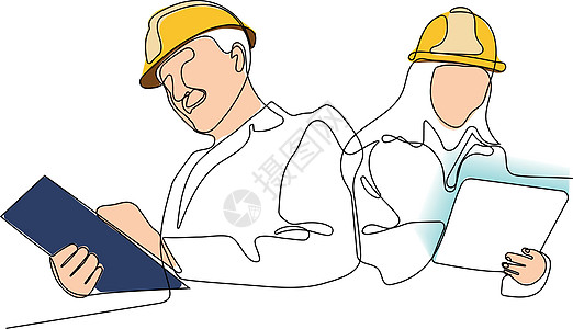 施工经理和工程师在工作单线合伙讨论项目思考厨师人士男人装修线条图片