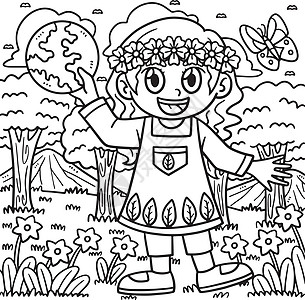 儿童在森林中的地球日女孩彩色页面图片