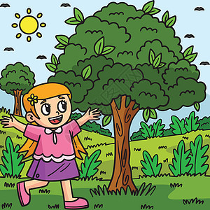 地球快乐女孩在树上彩色卡通背景图片