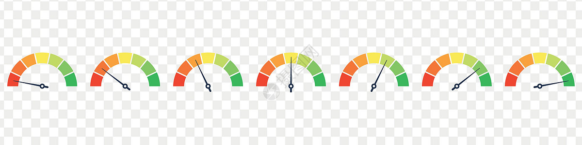 一套车速表 速度拨号指示器 绿色和红色 低和高晴雨表 坏和好的水平或风险等级 矢量隔离图速度燃料信用插图转速拨号压力抵押信息历史背景图片