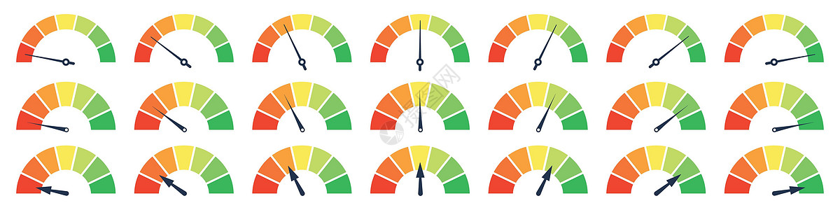 一组不同的仪表规元件 绿色和红色 低和高晴雨表 坏和好的水平或风险等级 矢量隔离图活力速度控制危险里程表指标车速图表质量信息背景图片
