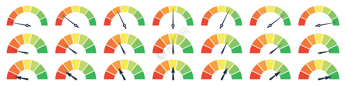 一组不同的仪表规元件 绿色和红色 低和高晴雨表 坏和好的水平或风险等级 矢量隔离图活力速度控制危险里程表指标车速图表质量信息背景图片