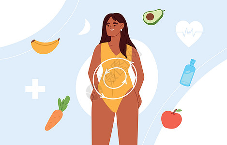 饮食和新陈代谢的概念 保健食品 膳食补充剂 良好的消化 女性荷尔蒙 预防药 平面矢量图图片