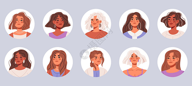 一堆不同的肖像人物 幸福的女人头像集 多种族人的不同圆脸轮廓 平面矢量插图图片