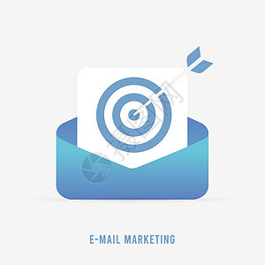 电子邮件营销概念 数字营销业务通讯 获取和保留电子邮件以及个性化的促销电子邮件 带有公开信的蓝色信封并击中目标图标图片