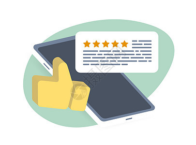 来自满意客户和客户的反馈推荐 审查具有 5 星评级的产品或服务 智能手机 竖起大拇指图标和五颗星评论气泡图片