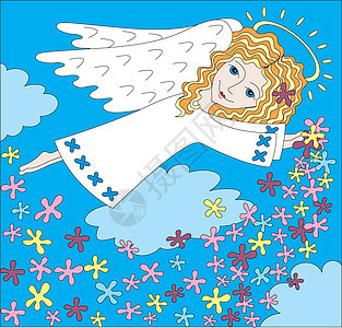 天使卷发天空白色微笑裙子女孩飞行喜悦翅膀雨云背景图片