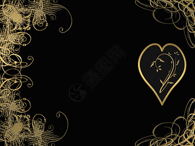 阿拉伯设计漩涡金子漩涡状线条花丝爱心插图叶子金属卡片背景图片