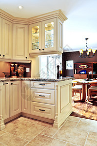 现代厨房和餐厅内部地面奢华风格硬木装潢用餐装修地板内阁家具图片