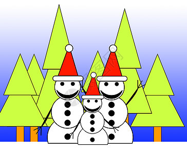 森林雪人家庭帽子乐趣气候蓝色团体喜悦幸福快乐插图雪孩子背景图片