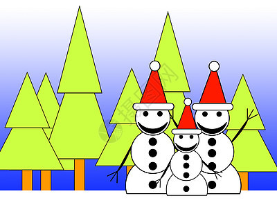 森林雪人家庭插图快乐乐趣假期喜悦雪孩子二维气候蓝色幸福背景图片