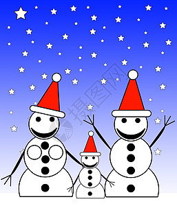 夜间雪人家庭幸福假期二维气候快乐帽子天空团体星星蓝色图片