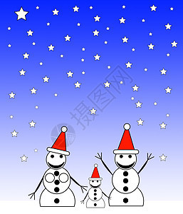 夜间雪人家庭乐趣团体喜悦星星坡度幸福气候帽子雪孩子假期背景图片