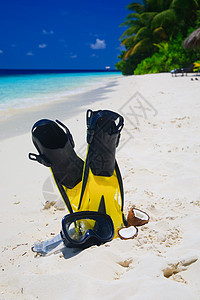 海滩上戴有鳍的潜水面罩追求面具假期脚蹼卵石游客海浪爱好旅游海景图片