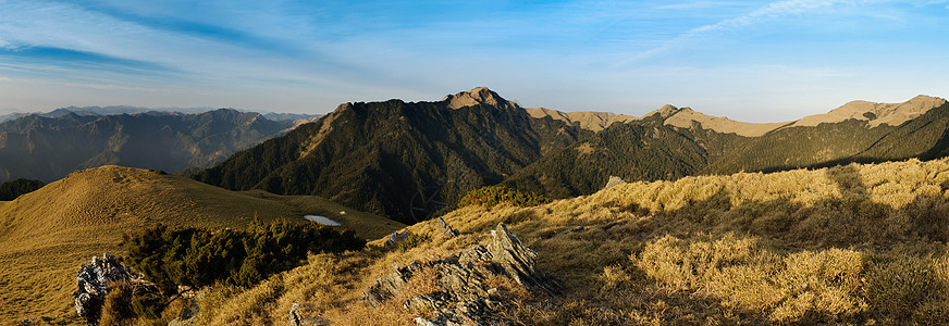 美丽的全景山地景观和金色草原季节环境顶峰蓝色森林力量阳光爬坡阴影晴天图片