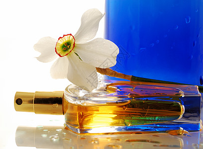 香水和白花叶子美丽白色花瓣水平摄影场景蓝色植物液体图片