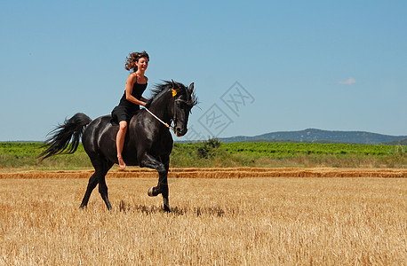 骑马女童黄色微笑草地场地动物运动假期青少年黑色太阳图片