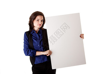 带白板的年轻商业妇女女孩图表白色床单框架木板黑色学生管理人员空白图片