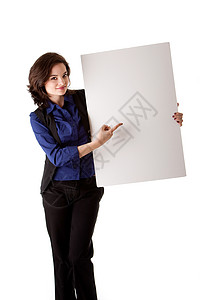 带白板的年轻商业妇女推介会女孩学生木板手指图表广告牌框架黑发展示图片