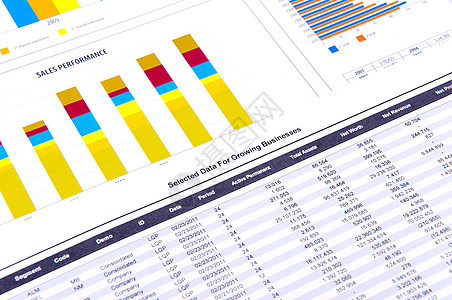 附有图表的财务分析商业资产销售投资橙子办公室会计白色统计蓝色图片