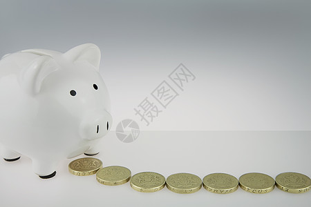 白猪银行 英国一磅硬币在资金面前摄影白色金融货币钱盒水平储蓄金钱财政图片