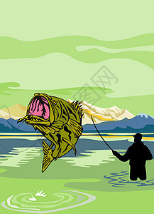 大茅斯巴斯鱼 Fish Fly 渔民捕鱼棒插图渔夫跳跃野生动物钓鱼休闲男人男性飞鱼黑鲈图片