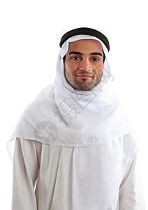 阿拉伯中东部地区男子微笑文化混血长袍男性男人头饰围巾白色图片