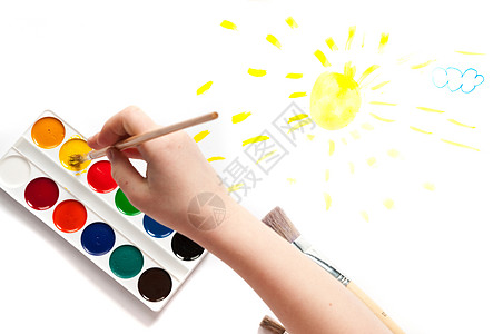 红橙手印刷打印孩子乐趣创造力艺术品画家女孩绘画手指图片