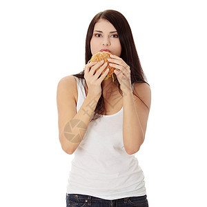 女人吃汉堡包女士午餐汉堡饮食肤色皮肤快乐女孩青年芝士图片