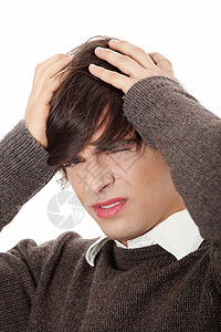 年轻生意人头痛或有问题疼痛挫折情感毛衣商业学生管理人员男性压力沮丧图片