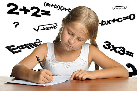 女孩和数学公式教学专注智慧演讲金发智力代数学校写作男生初级高清图片素材