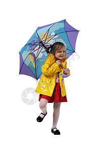 黄色雨伞穿黄色夹雨伞外套的小女孩乐趣金发眼睛工作室快乐头发女性衣服幼儿园裙子背景