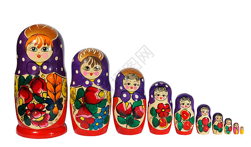 白色背景的俄罗斯巢笼Name女士塑像女孩们孩子面包尺寸嵌套文化木头娃娃图片
