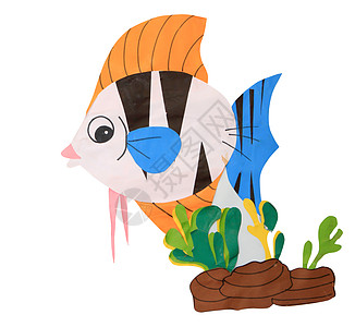 卡通鱼是纸做的热带旅行插图漫画生活小动物绘画贴纸蓝色海洋图片