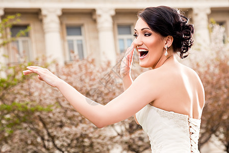 幸福新娘手势黑发婚礼庆典舞蹈婚姻女性快乐背景图片