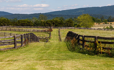 带木栅栏和山丘的滚动草地车道晴天木头小路丘陵农田场地农村风景土地图片