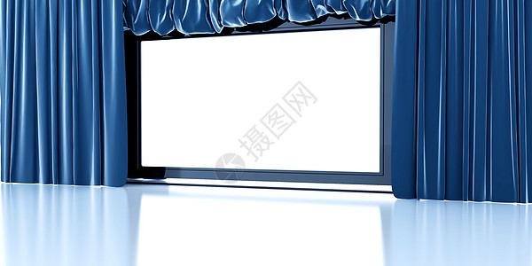 白色白色现代屏幕 四周有蓝色窗帘剧院娱乐电视场景空白反射投影电子产品电影控制板图片