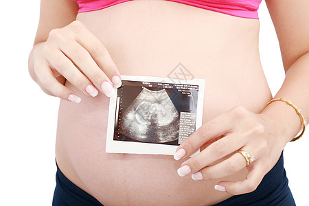 孕妇的腹部和超声波超过白色背景图片