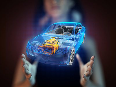 全息图上的透明汽车概念射线女士全息涡轮跑车速度电脑扫描轮子x光图片