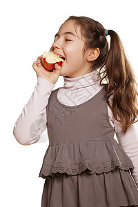 小女孩和美味的苹果童年食物营养早餐喜悦快乐白色孩子红色水果图片