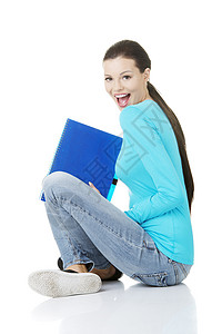 快乐女学生大学冒充教育幸福笔记本成人青年蓝色牛仔裤笔记图片