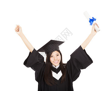 快乐的女毕业生 拥有学位 孤立在白色成就微笑单身汉学校帽子证书女士教育女孩青年图片