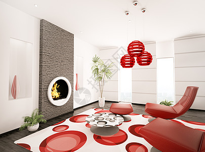 现代3d号客厅室内红色壁炉砖块地面房子白色圆圈圆形木地板地毯图片