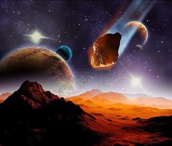 宇宙中行星上小行星攻击宇宙中的行星 摘要i太阳石头小说天空月亮陨石彗星天文学气氛流星背景图片