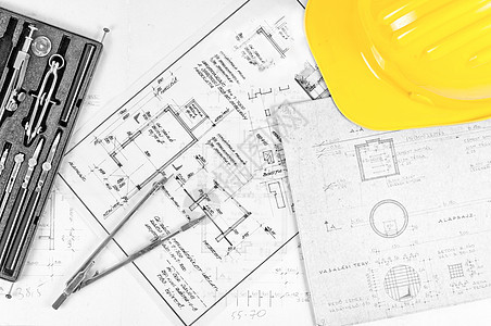 使用工人工具的建筑计划技术文书建造商业打印工作黄色绘画草图承包商图片