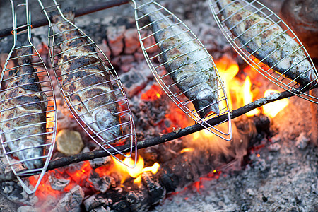 在营火上钓鱼旅行假期烧烤炙烤熏制烹饪食谱闲暇木头食物图片