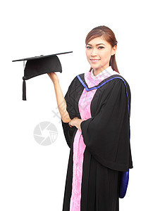 妇女有毕业帽子和礼服证书文凭女孩大学丝带成功微笑庆典学士学习图片