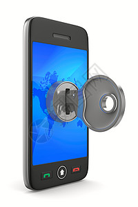 白色背景上带有密钥的电话键 孤立的 3D 图像电讯电脑防御讲话安全通信展示技术通讯器屏幕图片